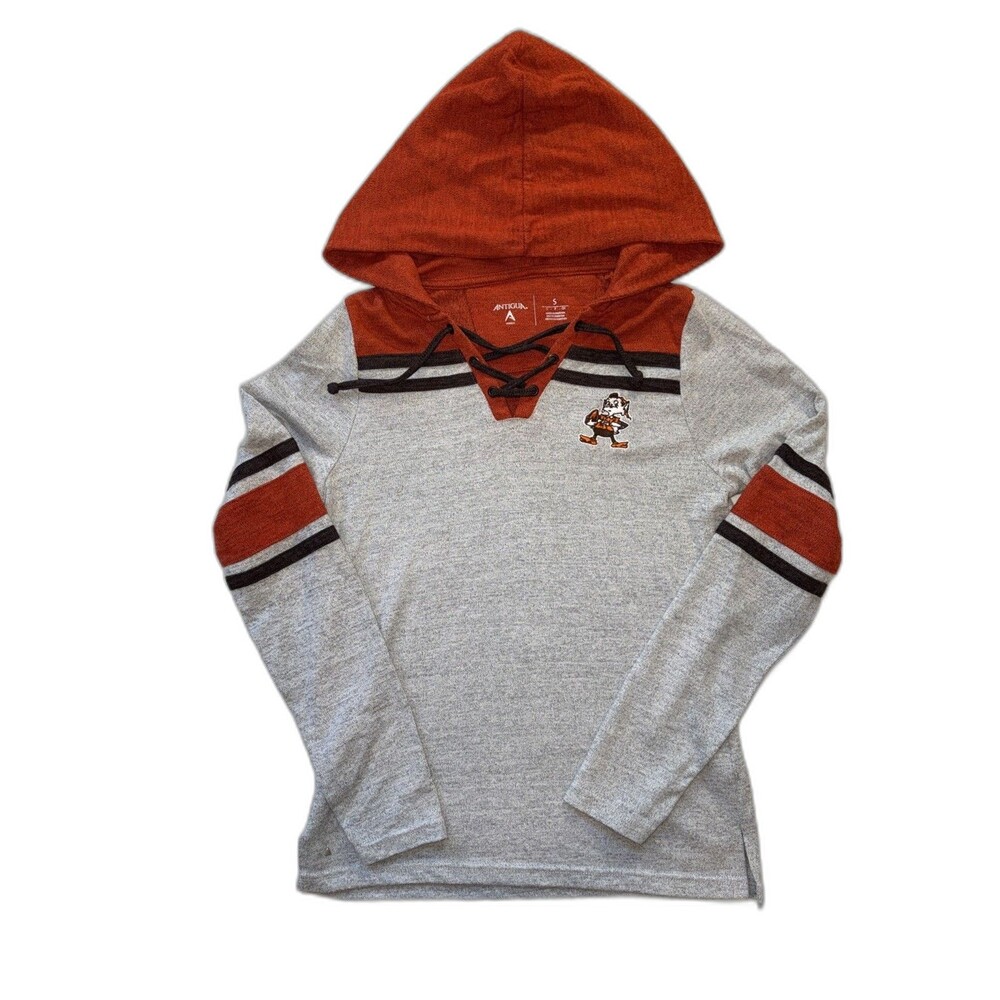 Antigua Cleveland Browns Hoodie Women S Gray Brownie The Elf Lace Up Throwback